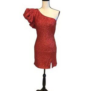 Jovani Red Sequin One Shoulder Puff Sleve Mini Dress